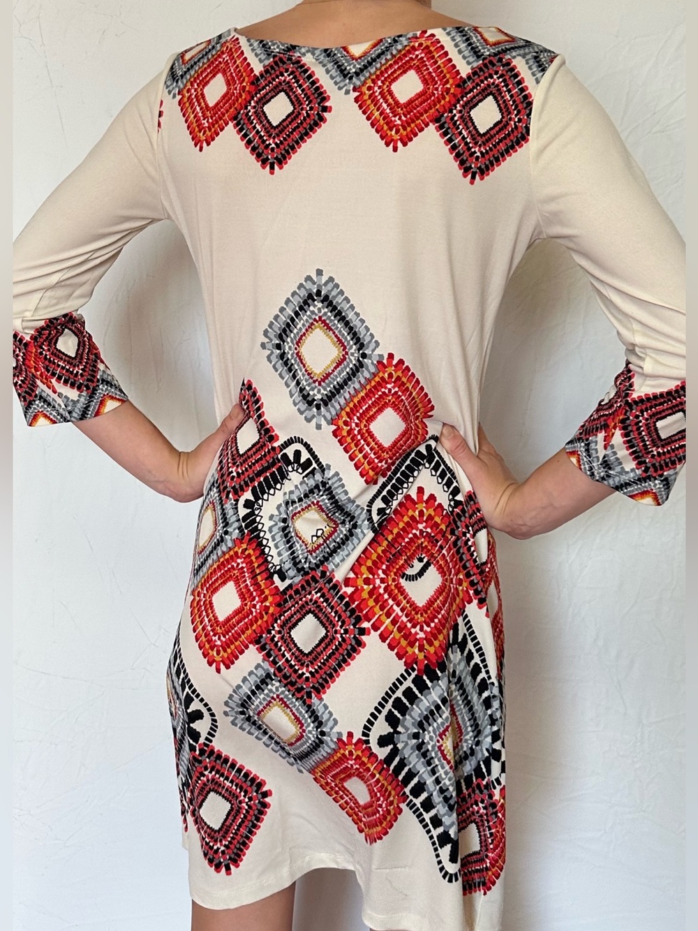 Beige Long-Sleeve Dress with Red & Black Geometric Print